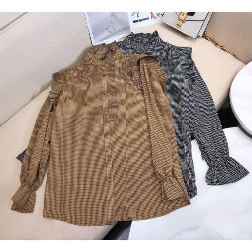 New ladies fashion 2021 long-sleeved sexy casual fungus lace plaid shirt 0111