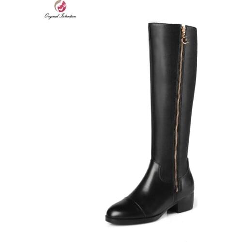 Original Intention New Arrival Women Knee High Boots Nice Round Toe Square Heels Boots Popular Black Shoes Woman US Size 4-13