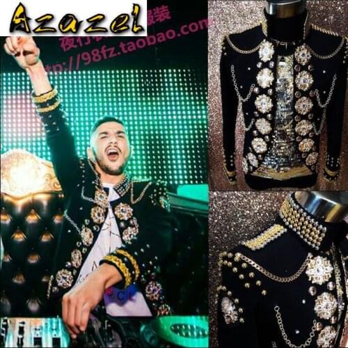 Plus Size New Mens Personality Black Handmade Beading Jacket suit Costumes Stage Performance Nightclub Male Singer Rivet Coat