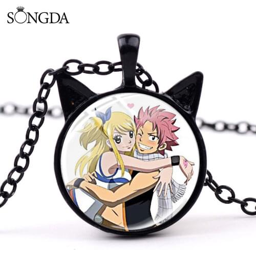 Fairy Tail Characters Anime Cat Ear Pendant Necklace Photo Glass Cabochon 3 Color Chains Necklace For Women Men Jewelry