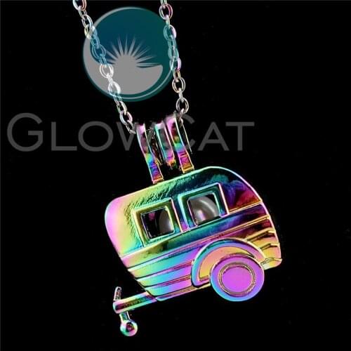 R-C916 Rainbow Carriage Car Beads Cage Pendant Essential Oil Diffuser Aroma Pearl Cage Locket Necklace