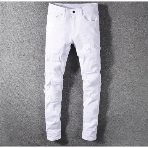 Distressed White Mens Biker Jeans Knee Ripped Patches Stretch Denim Skinny Hip hop Pants Slim Trousers Size 28-40 #592