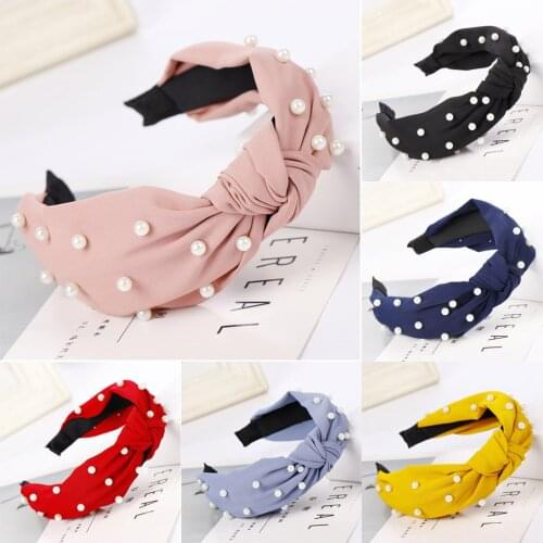 High Quality Hair Accessories For Women Mesh Yarn Pearl Beaded Headband Flower Headband Ties Double Knot Wide Headband