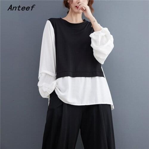 Anteef long sleeve spring autumn korean fashion tshirt vintage tee t shirt casual loose tops women 2021 t-shirts clothes