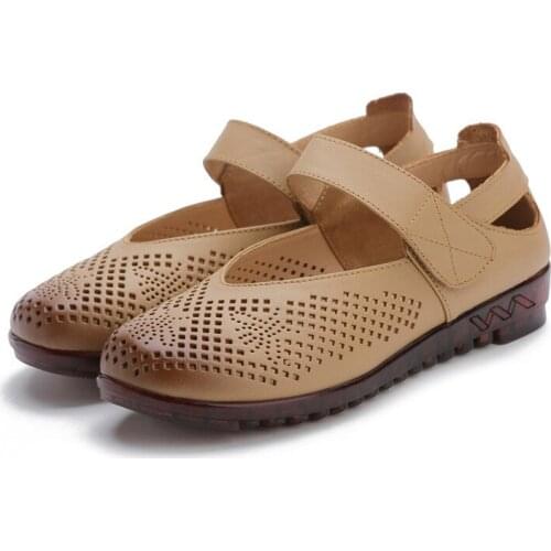 Women Flowers Hollow Sandals Genuine Leather Slip on Ladies Shoes College Style Round Toe Driving Pregnant woman Flats Shoes