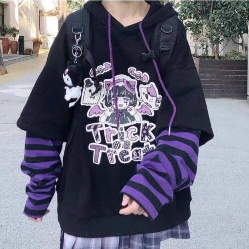 Anime Hoodies Women Hooded Sweatshirt Casual Stripe Hoodies Print Sweet Pullover Vintage Woman Top Loose Long Sleeve Sudaderas