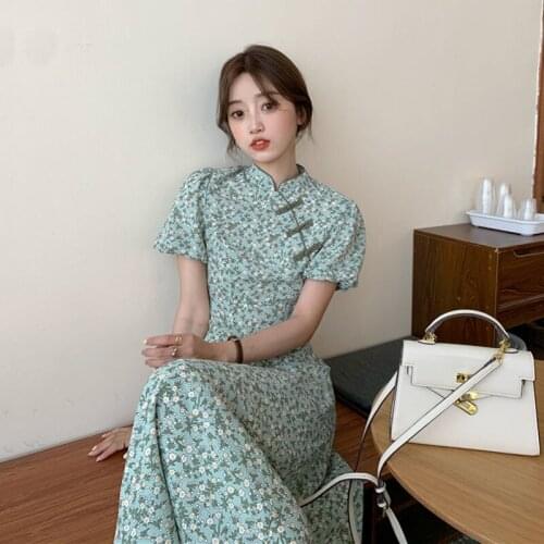 Summer 2021 New Chinese Style Cheongsam Improved Waist Slim Stand Collar Floral Temperament Short Sleeve Dress