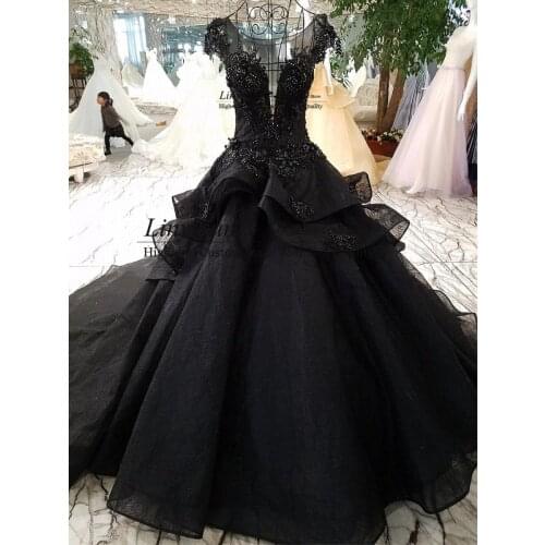 Black Wedding Dresses Princess Ball Gown Scoop Ncek Appliques Lace Bedad Bridal Gowns Tiered Court Train Vestidos De Novia