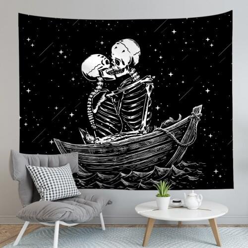 Black And White Boat Couple Skull Tapestry Wall Hanging Home Farmhouse Decor Hippie Wall Tapestry Fabric Psychedelic Tapestry