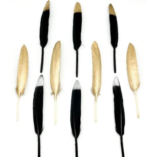 10Pcs/lot Black With Gold Color Goose/Duck Feathers 10-15cm/4-6inches Wedding Bouquet Decoration Craft For DIY Home Decoration