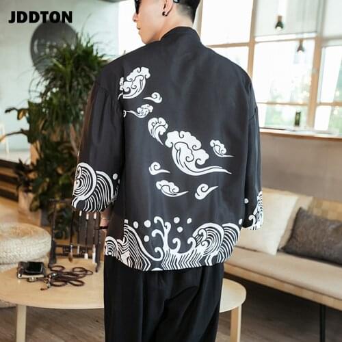 JDDTON New Summer Men Cotton Linen Kimono Print Loose Fashion Long Cardigan Outerwear Vintage Coats Casual Male Overcoats JE092