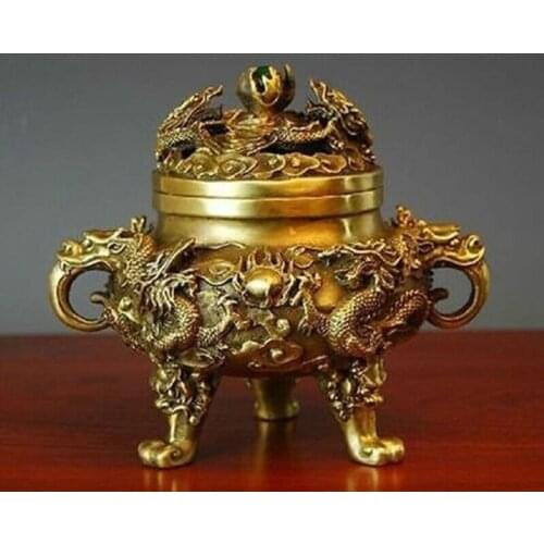Collectible Chinese Brass Nine Dragons Kowloon incense burner