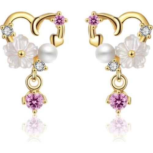 Korea sweet small fresh golden heart-shaped temperament personality shell flower silver plated stud earrings WE019