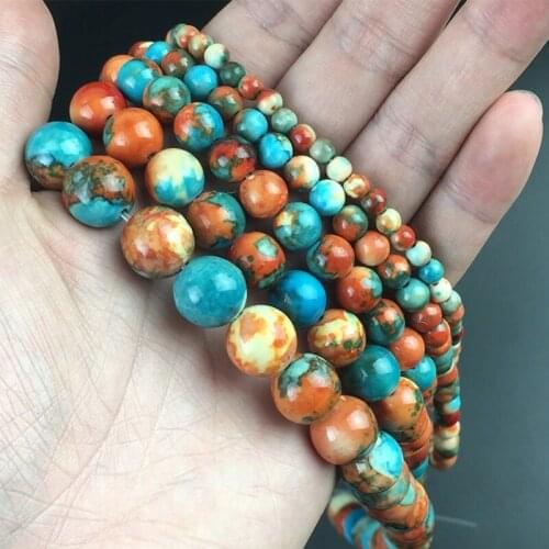 Natural Stone Orange Blue Jaspers Rain Flower Round Loose Beads For DIY Jewelry Making Bracelet Accessories 15'' 4 6 8 10 12mm