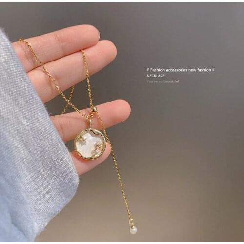 Fashion Titanium steel Pendant Necklace Female Clavicle Chain Pearl Temperament Necklace Women Simple Star Micro-inlaid Jewelry