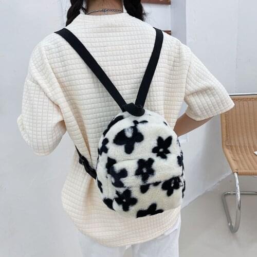 Fashion Preppy Style Women Flowers Printing Plush Backpack Casual Ladies Small Knapsack Mini Backpacks Young Girls School Bag