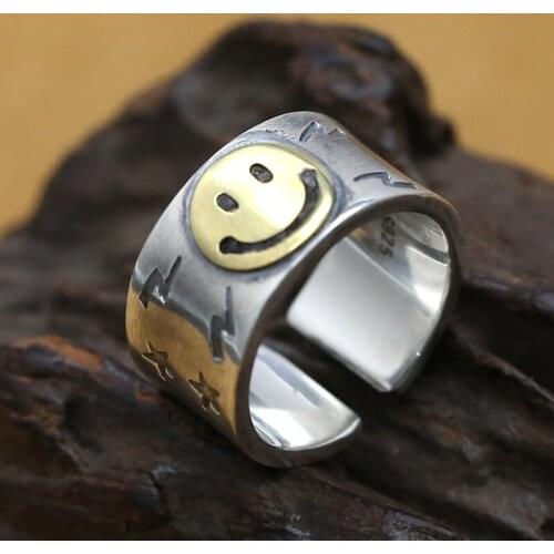 Smile Face Solid Silver 925 Thick Cuff Band Rings Men Handmade 925 Sterling Silver Jewelry Man Cool Thai Silver Male Rings 13.6g
