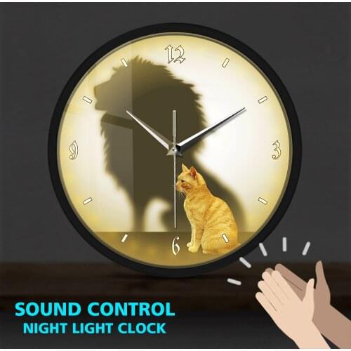 Funny Cat With Lion Shadow Metal Frame LED Wall Clock Home Decor Sound Control Cat with Lion Reflection Inspirational Wall Watch