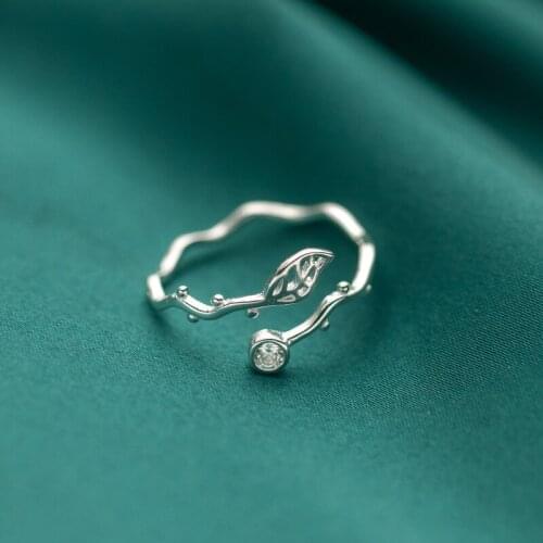 Real 925 Sterling Silver Hollow Leaf Wave Shape Rings Dainty Zircon Open Ring for Women Girls