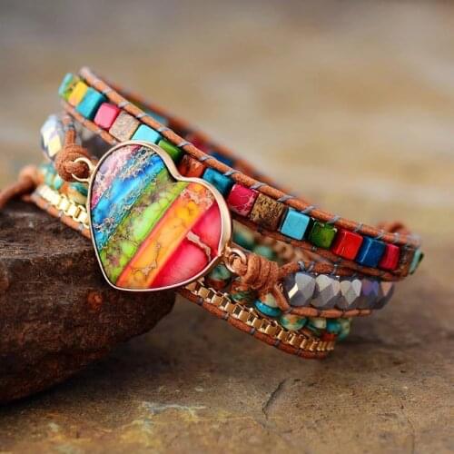 NEW Romantic Spiritual Chakra Leather Wrap Bracelets Mix Stone Heart Shape 3 Strands Bracelet Classic Jewelry Lovers' Bracelet