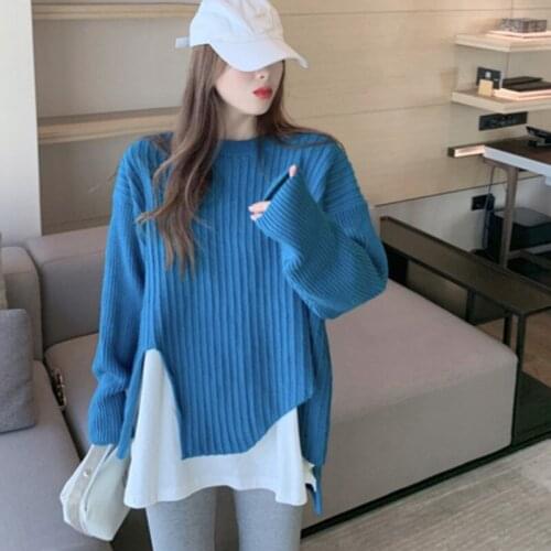 Fake Two Pieces Splicing Pullover Sweater Womens 2020 New Autumn Spring Korean Fashion Loose Casual All-Match Knitting Sweaters