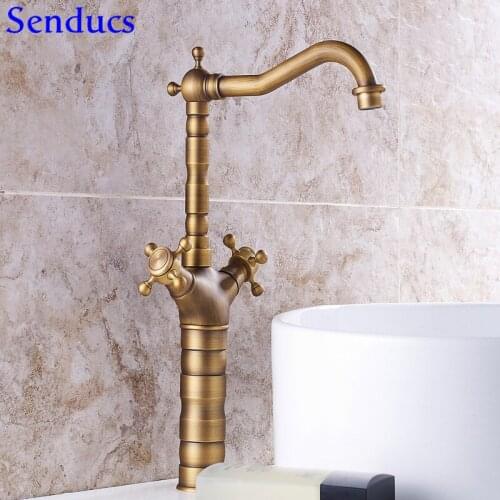 Senducs Dual Handle Antique Bathroom Basin Faucet with Quality Brass Antique Basin Sink Faucet Hot Cold Bathroom Mixer Tap
