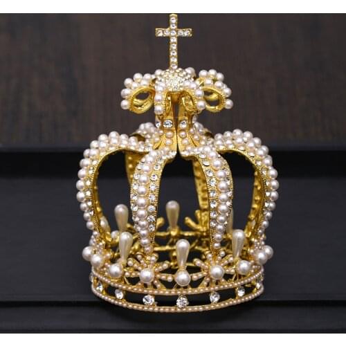 Bridal Crown Headdress Baroque Crystal Pearl Crown Gold Round Crown Queen Tiara Crown Jewelry Party Wedding Hair Accessories