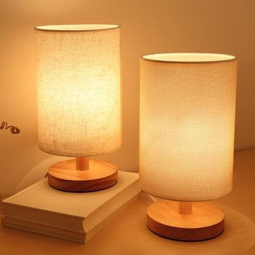 USB Bedside Table Lamp Modern LED Desk Light with Fabric Shade and Wood Base for Household Bedroom Ornaments