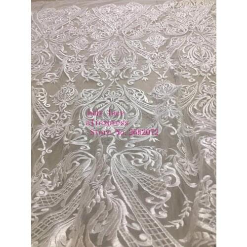 Stock 5yards/bag CH79# White embroidery sequined retro style fabric used on the wedding dress stage