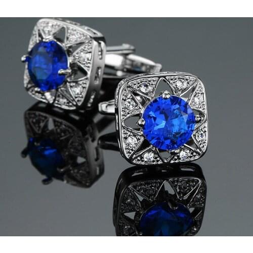 High quality blue Cufflinks new fashion jewelry brand crystal Cufflinks mens wedding shirt clothing badge pin gift