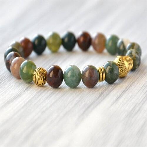 8mm Green Indian Agate Gemstone Handmade Mala Bracelet Retro Prayer Classic Meditation Bangle Tibetan Religious Lucky