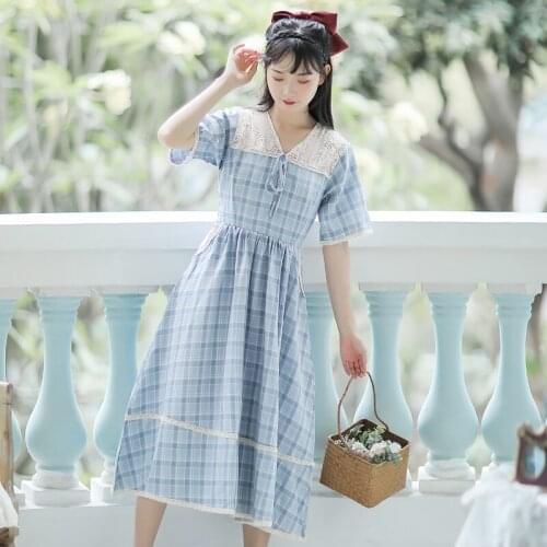 Dresses for women 2021 French Gentle Wind Blue Plaid Cute Dress Summer Bowknot Cute Chic Lace V-neck Kawaii Dress