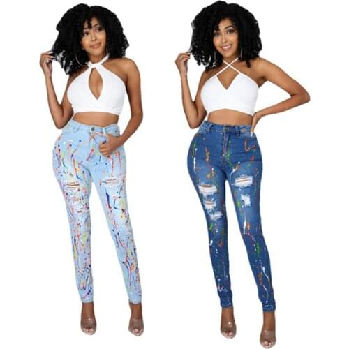 RStylish Hot Sales 2021 Summer Women Streetwear Splash-ink High Waist Washed Ripped Skinny Denim Pencil Pants