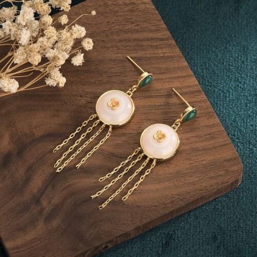 Chinese Style Women Stud Dangle Earrings White Jade Tassel Pendant Earrings Hanfu Jewelry for Women Symbol Auspicious Gift