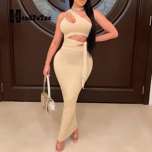 Sexy One Shoulder Sleeveless Cut Out Crop Tops & Sheath Maxi Skirts Set Women Summer Two Piece Set