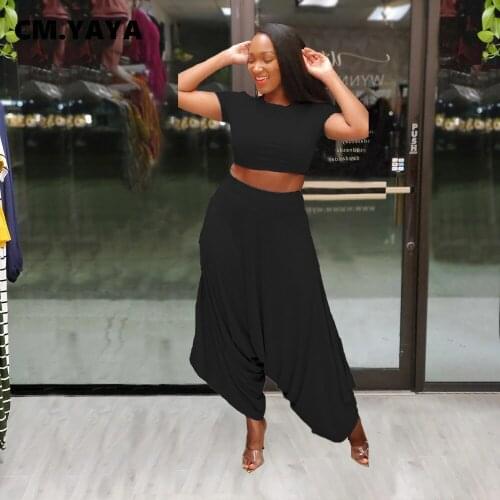 CM.YAYA Women Set Solid Short Sleeve Crop Tops Loose Long Cross Pants Two 2 Piece Sets Casual Tracksuit Summer Outfits 2021