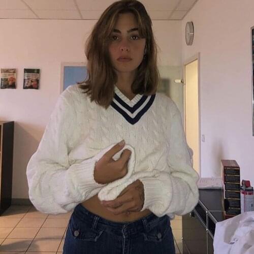 B-TOTO American Retro Bm Sweater Sweater Women Ins White V-neck Loose Lazy Style 2021 New Fashion