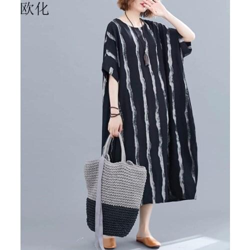 Plus Size Striped Printed Women Dress Cotton Vintage Maxi Sundress Big Size Short Sleeve Loose Casual Long Dresses 5XL 6XL 2019
