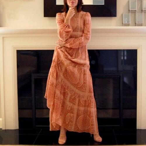 Vestidos Mujer Sale A-line Full Women Dress Womens Dress 2020 Spring New Size Large Retro Long Sleeve High Waist Chiffon Print