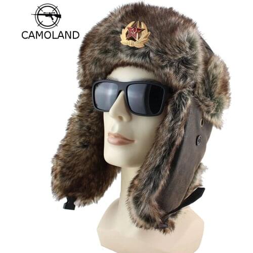 Winter Soviet Badge Bomber Hats Plush Earflap Russian Ushanka Men Womens Trapper Pilot Hat Faux Leather Fur Fashion Snow Caps