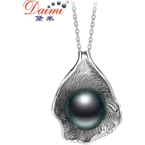 DAIMI Round Tahiti Black Pearl Pendant Female Malachite Green Genuine 925 Sterling Silver Sea Water Necklace