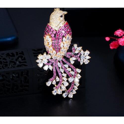 CWWZircons Luxury Chic Two Tones Gold Color Micro Pave Red Cubic Zirconia Big Animal Bird Brooches for Women Suit Jewelry BH017
