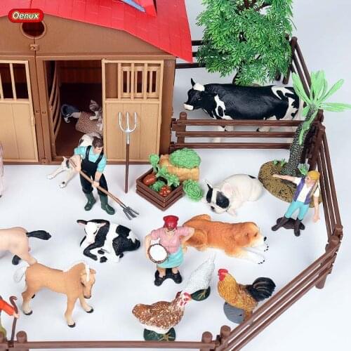 Oenux Poultry Animals Pig Duck Dog Action Figures Farmer Feeder Shepherd Figurines Miniature Lovely Model Collection Toy For Kid