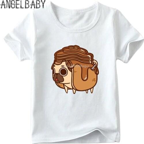 Baby Boys and Girls Cartoon Pug Dog Pancakes Food Print T shirt Kids Funny T-shirt Children Summer White Tops,ooo2161