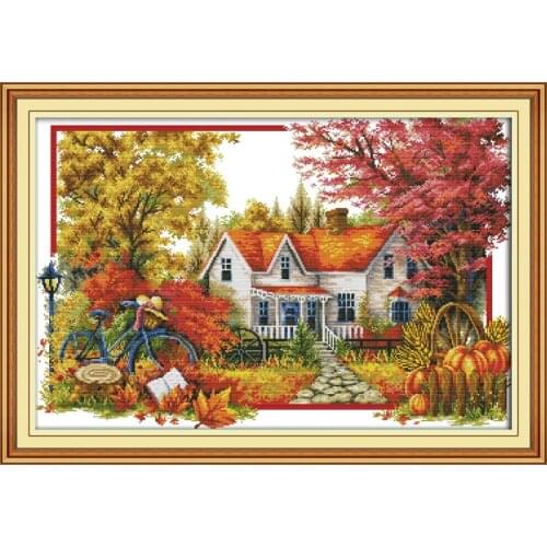 Joy Sunday Autumn House Counted 14CT DMC Chinese Printed Canvas Pattern Cross Stitch Kits Embroidery Needlework Sets Home Decor