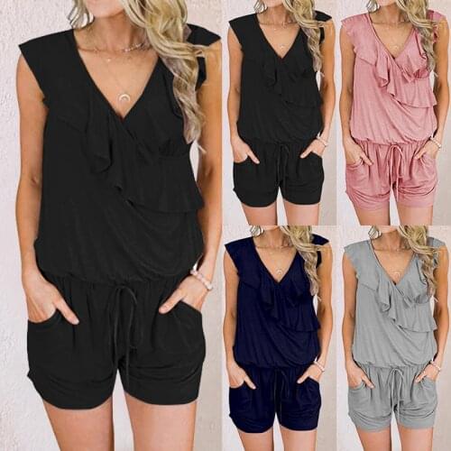 New Summer Womens Solid Color Sleeveless Shorts Jumpsuit Loose Casual Fashion Ruffled Decorative V-neck Large Size Streetwear