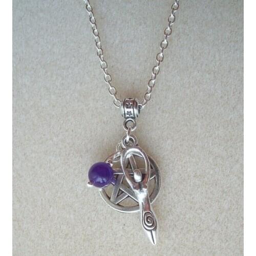 Hot Fashion Vintage Pentagram&Earth Goddess Purple Beads Charms Pendants Necklace Pagan Necklaces Jewelry Fast shipping