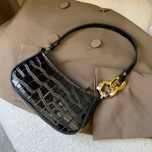 Fashion Women Alligator Pattern PU Leather Pure Color Underarm Shoulder Bag Vintage Ladies Thick Chain Small Handbag Purse