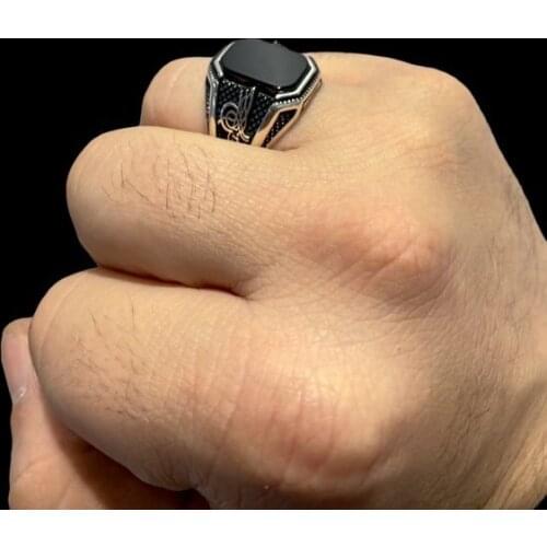 Tuğra Embroidered Onyx Stone Top Quality 925 Silver Men 'S Ring