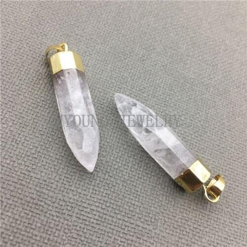 MY0333 White Crystal Quartz Faceted Point Spike Pendant with Pure Gold Color Cap and Bail, Pillar Necklace Pendant